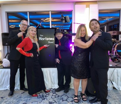 Photo of the 5 piece Horizons Band in front of stage in Delray Beach Florida